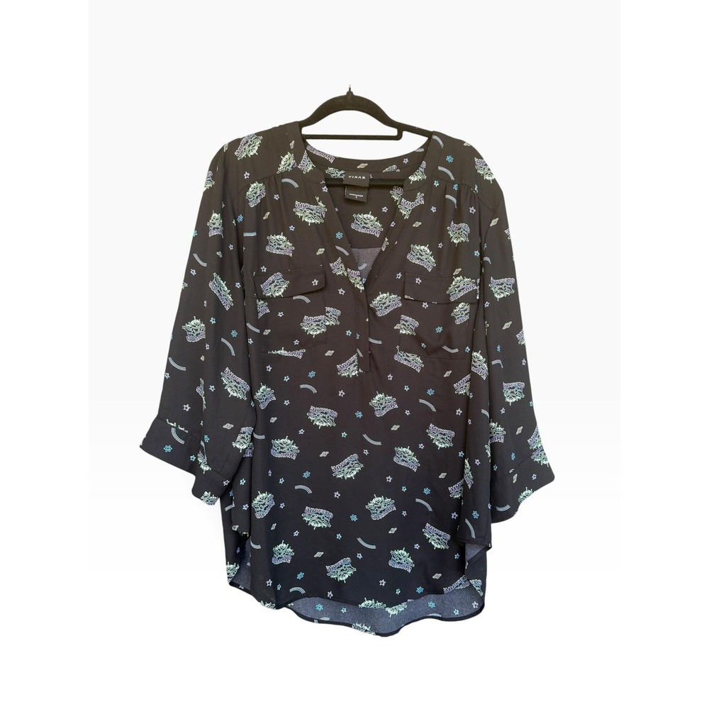 Pixar Blouse Womens 1X Black Toy Story Alien Print V Neck Tunic Top Plus Size